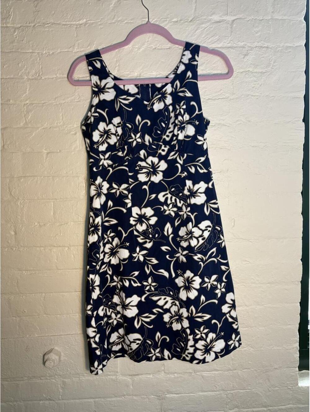 True vintage Hawaiian Original Navy blue dress with white floral print.